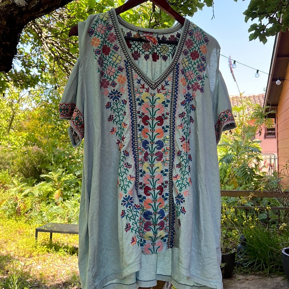 Johnny Was Shoulder Cutout Top with embroidery